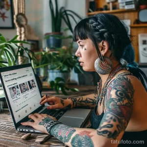 Фотография девушки, работающей за ноутбуком, с татуировками на руках и плечах. Девушка смотрит в экран, демонстрируя свой современный стиль.
