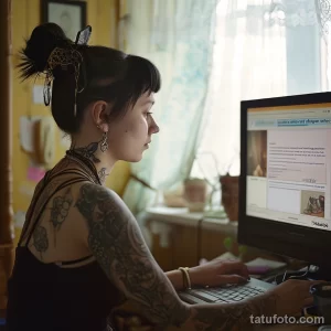 Фотография девушки, работающей за компьютером, с татуировками на руках и плечах. Девушка смотрит в монитор, демонстрируя свой сосредоточенный взгляд.