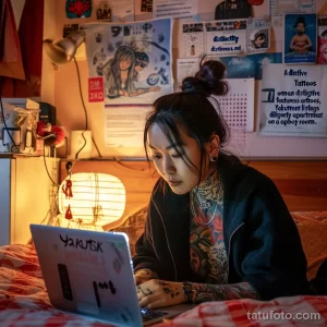 Фото тату на шее и руке девушки. Изображение дракона, обвивающегося вокруг цветов, выполнено в ярких цветах с использованием техник традиционной японской татуировки.
