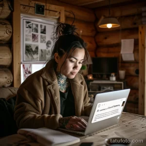 Фото тату на шее и руке девушки. Изображение ветвей деревьев и листьев, выполненное в черно-серых тонах, создает эффект естественной текстуры.