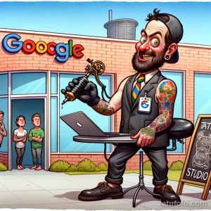 Яркое и забавное фото карикатурного мастера тату, работающего перед зданием Google. На теле мастера множество татуировок.