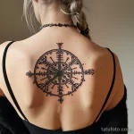 Фото тату: простой и элегантный Вечный Компас в стиле blackwork на женской спине. Геометрический эскиз тату с тонкими линиями.