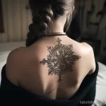 Фото тату: детализированный рисунок Вечного Компас в стиле blackwork на женской спине. Геометрический эскиз тату с руническими символами.