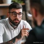 Портрет мужчины в очках и белой рубашке с татуировками на руке и шее, говорящего с кем-то.