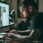 Фото тату: портрет мужчины с татуировками на лице, шее и руках, работающего за компьютером. Разнообразные рисунки и детализированная проработка.