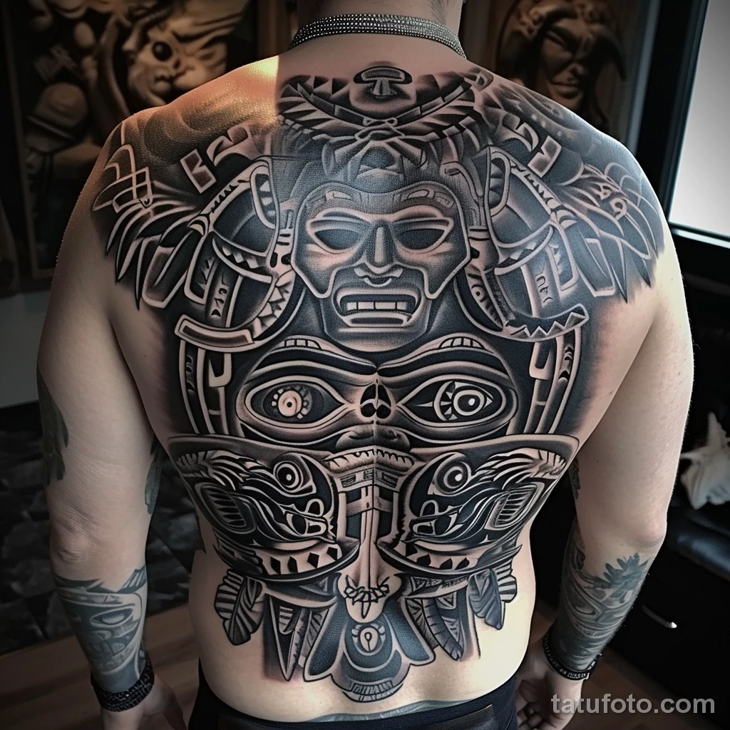 Как долго существуют тату Man with a tattoo of Native American totems in a tri be f aee ae fadba _1 - 251223 tatufoto.com 120