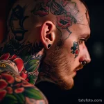 Фото тату: яркая татуировка в стиле Old School с изображением роз, сердец и других традиционных элементов на лице и шее мужчины. Насыщенные цвета и четкие контуры.