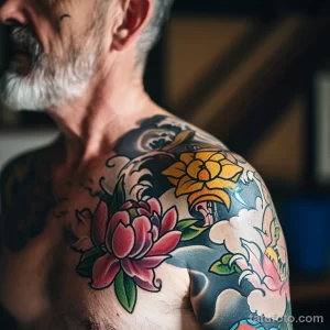 Фото тату: яркая японская татуировка с изображением пионов, карпов кои и волн на плече мужчины. Красочные цвета и детализированная проработка.