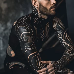 Фото тату: эффектная татуировка в стиле Blackwork, покрывающая торс и руки мужчины. Черные узоры с золотыми акцентами и сложной геометрией.