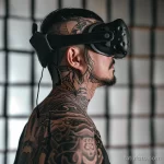 Фото тату: черно-белая татуировка на шее и плече мужчины, носящего VR-гарнитуру. Абстрактный дизайн с элементами киберпанка.
