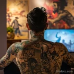 Фотография мужчины с детализированной татуировкой на спине, изображающей сцены с участием людей и животных в историческом контексте.