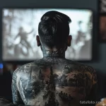Фотография детализированной черно-белой татуировки на спине мужчины, изображающей морской пейзаж с кораблями и архитектурой.