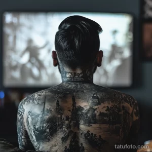 Фотография детализированной черно-белой татуировки на спине мужчины, изображающей морской пейзаж с кораблями и архитектурой.