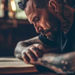 Фотография мужчины с татуировками на руках и шее, сосредоточенно читающего книгу в уютной обстановке.