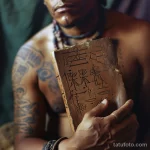 Как долго существуют тату Man with ancient symbols tattooed holding an old boo cfab f fe bbc _1 - 251223 tatufoto.com 139