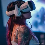 Фото тату на плече девушки, использующей VR-гарнитуру. Рисунок татуировки выполнен в ярких цветах с элементами абстракции и органики.