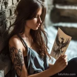 Фото девушки с татуировками на руке, держащей эскиз феникса. Изображены цветочные мотивы и абстрактные узоры.