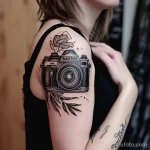 Фото тату: винтажный фотоаппарат с цветком на плече женщины, выполненный в технике blackwork, с детальной проработкой и тонкими линиями.