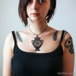 Фото тату на груди девушки, изображающее античную вазу с узорами. Татуировка выполнена в черном цвете и выглядит очень элегантно.