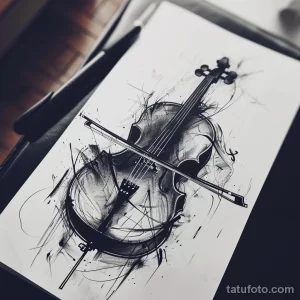 Черно-белый эскиз татуировки скрипки, выполненный в графичном стиле с использованием тонких линий и штриховки. Изображение выглядит современно и стильно.