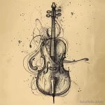 Винтажный эскиз татуировки виолончели, выполненный тонкими линиями на фоне состаренной бумаги. Идеально для ценителей классической музыки и минимализма.
