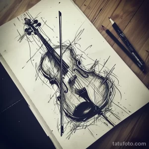 Черно-белый эскиз татуировки виолончели, выполненный в экспрессивной манере с использованием динамичных линий и брызг. Инструмент изображен с эффектом движения.