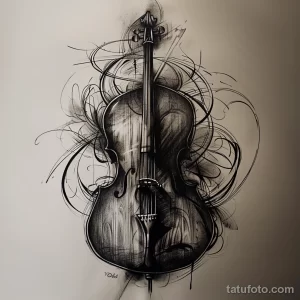 Черно-белый эскиз татуировки виолончели, выполненный в динамичном стиле с использованием линий и брызг. Инструмент изображен с эффектом движения.