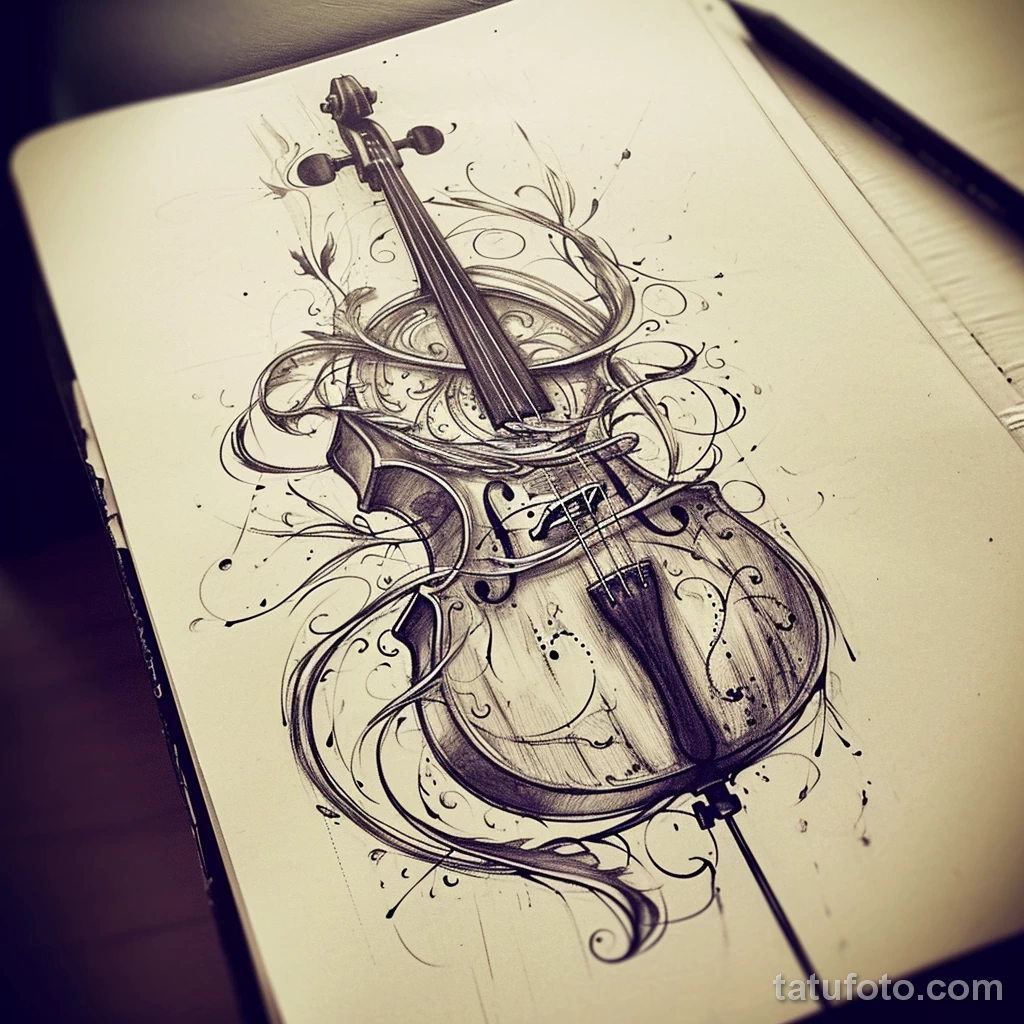 Рисунок тату с виолончелью - An inspiring cello tattoo sketch a source of inspira ddfb c ae bbf ea _1_2 - 291223 tatufoto.com 086