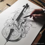 Черно-белый эскиз татуировки скрипки, украшенной витиеватыми растительными орнаментами, с рукой художника, рисующего эскиз.