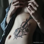 Фото тату скрипки и роз на спине. Черно-белый рисунок татуировки с добавлением красных акцентов, выполненный в реалистичном стиле.