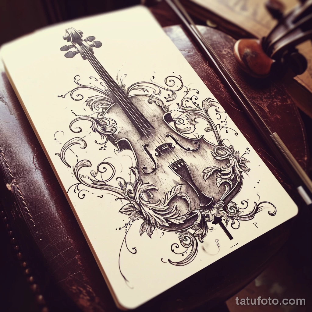 Рисунок тату с виолончелью - The beauty of a cello tattoo coming to life on paper deee e ae ede - 291223 tatufoto.com 173