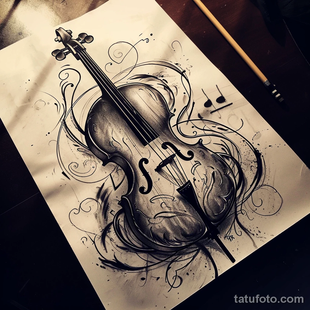 Рисунок тату с виолончелью - The beauty of a cello tattoo emerging on the canvas cdf fb bbe eec ddcdf _1_2 - 291223 tatufoto.com 176
