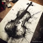 Фото эскиза татуировки скрипки, выполненного в технике тушевки. Черно-белый рисунок с использованием различных оттенков серого, создающих объем и глубину.