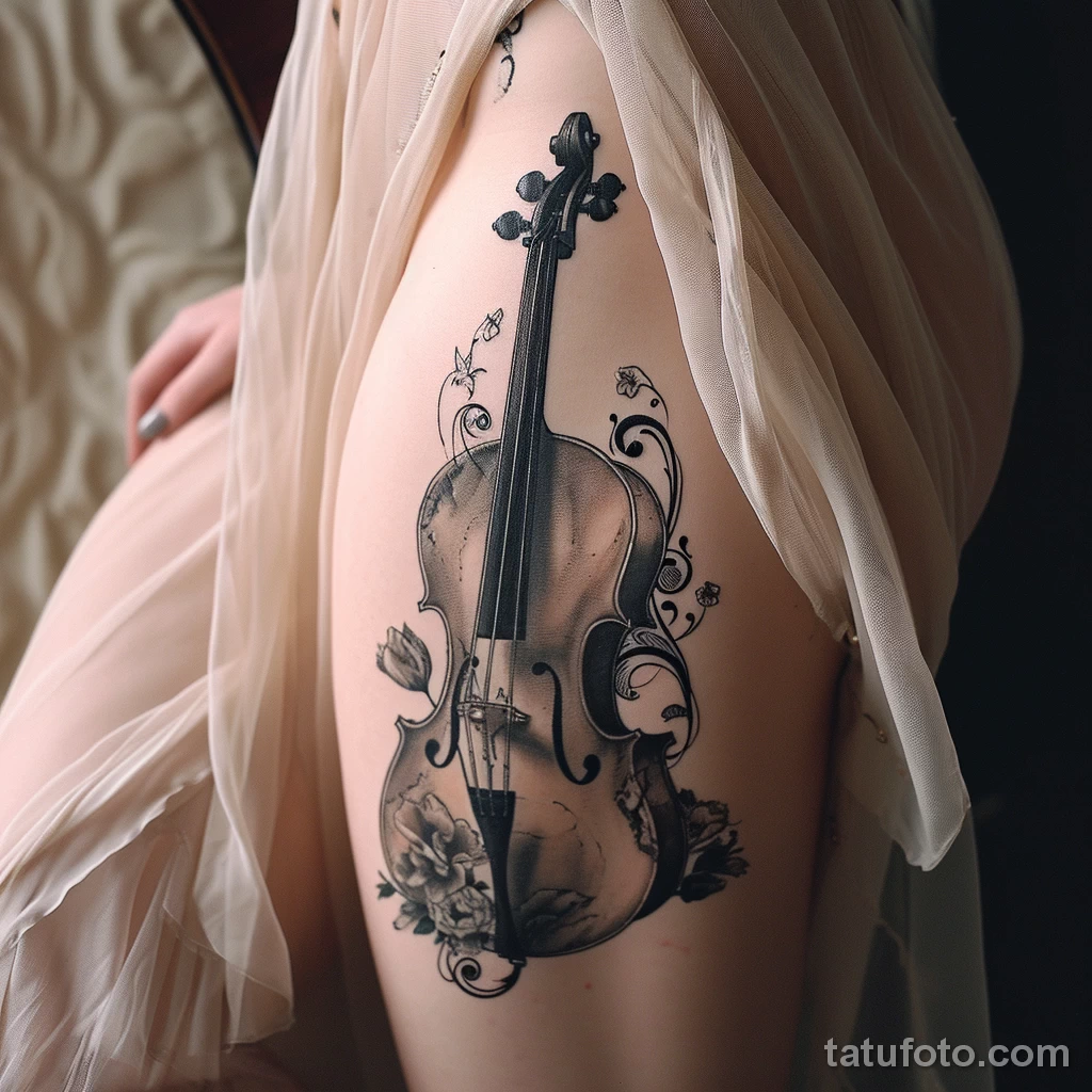 Рисунок тату с виолончелью - The cello tattoo on her thigh peeked out from her fl adf d b cfcfae _1_2_3 - 291223 tatufoto.com 248