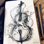 Детальный черно-белый эскиз татуировки виолончели, выполненный с использованием штриховки и тонких линий. Рядом с инструментом лежат карандаши.