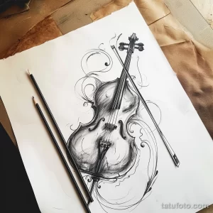 Черно-белый эскиз татуировки виолончели, выполненный карандашом с детальной проработкой и добавлением витиеватых узоров, создающих эффект изысканности.