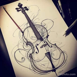 Эскиз татуировки скрипки, украшенной розами. Черно-белый рисунок, выполненный в технике лайнарт, идеальный для вдохновения и создания уникального дизайна.