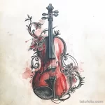 Эскиз татуировки скрипки, выполненный в технике акварель. Красные и розовые оттенки, брызги краски и изящные завитки.