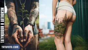 Коллаж фотографий татуировок на руках и ногах, демонстрирующих связь между татуировками и социальным активизмом.