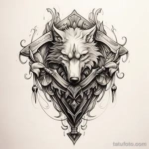 Фото эскиза татуировки с изображением головы волка в рыцарских доспехах, выполненного в технике графики. Детализированный рисунок для вдохновения.