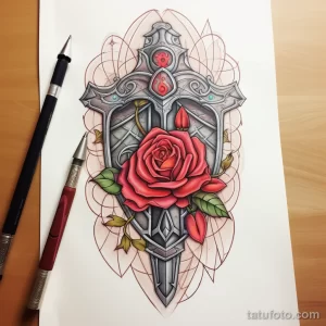 Эскиз татуировки креста с розой и синим драгоценным камнем. Яркий и детализированный рисунок для тех, кто ценит красоту и оригинальность.