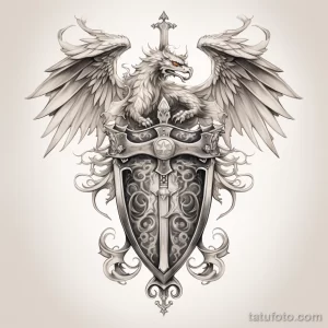 Детальный эскиз татуировки с изображением грифона, держащего рыцарский щит. Символизирует мудрость, силу и защиту.