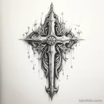 Фото тату в стиле blackwork: меч, переплетенный с крестом, детализированные узоры, черный цвет. Подходит для тех, кто ценит готическую эстетику.