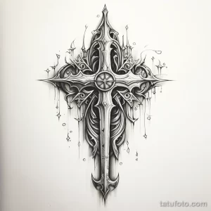Фото тату в стиле blackwork: меч, переплетенный с крестом, детализированные узоры, черный цвет. Подходит для тех, кто ценит готическую эстетику.