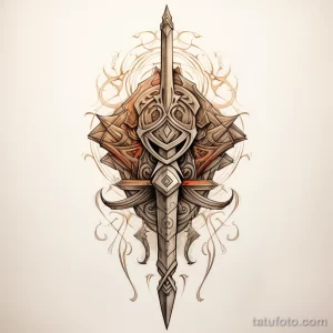 Фото тату в стиле dark fantasy: сложный эскиз меча с щитом, детализированные узоры, темные тона. Подходит для любителей фэнтези и мистики.