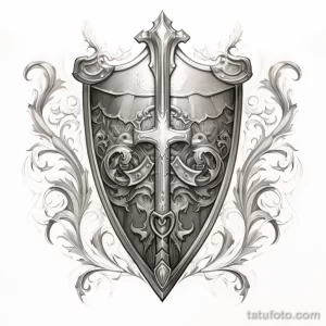 Черно-белый эскиз татуировки с изображением щита, украшенного крестом и витиеватым орнаментом. Детализированный рисунок, выполненный карандашом, подходит для любителей истории и геральдики.