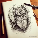 Эскиз татуировки с изображением дракона, обвивающего щит. Черно-белый рисунок с высокой детализацией и сложными узорами.