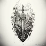 Эскиз татуировки с мечом, прорастающим сквозь листву и горы. Черно-белый рисунок с высокой детализацией.
