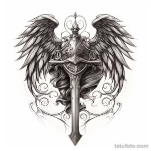 Эскиз татуировки с изображением креста, обрамленного ангельскими крыльями. Выполнен в черно-белой гамме с использованием техники штриховки и декоративных элементов.