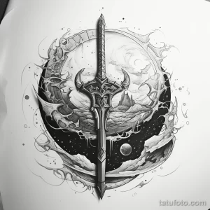 Черно-белый эскиз татуировки с изображением меча, гор, планет и звездного неба. Детализированный рисунок в готическом стиле.